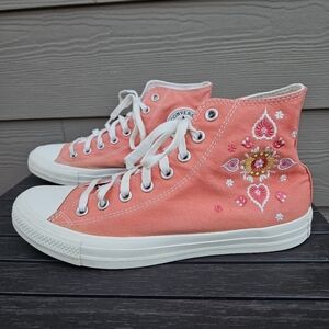 Converse Hi Top Shoes Heart & Floral Embroidery Bright Madder Pink A02203C 9.5